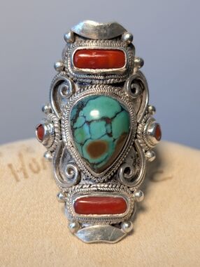 Vintage 925 Sterling Silver Turquoise & Mediterranean Coral Statement Ring Sz 7